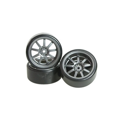 3Racing 1/10 9 Spoke Wheel & Tyre Set for Drift (Grey, 4 pcs) 26mm/+7